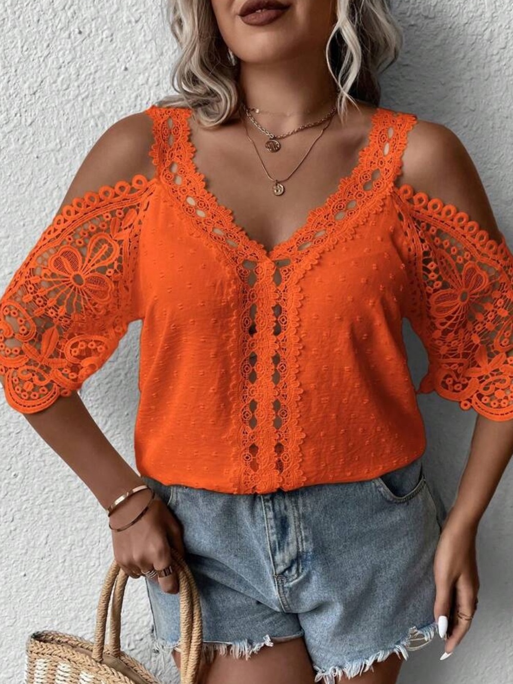Orange Lace Cold-Shoulder V-Neck Blouse